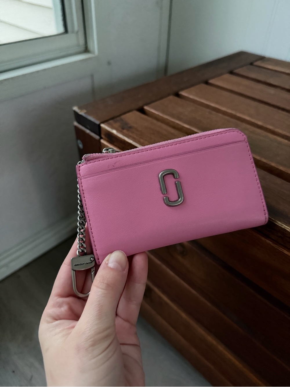 Marc Jacobs Pink Leather Zip Card Wallet with Chain Charm
